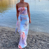 Cyflymder Women Strapless Maxi Dress Boho Floral Print Bodycon Long Tube Dress Summer Tie Waist Long Holiday Beach Sundress