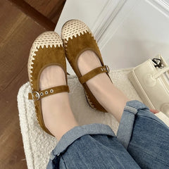 Cyflymder New Woven Splicing Flats Women Faux Suede French Style Round Toe Buckle Mary Jane Shoes Comfort Shallow Designer Shoes Loafers