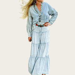 Cyflymder Summer Y2K Low Waist Denim Skirt for Women Street Style Washed Ruffle Layered Design Casual Vacation Skirt