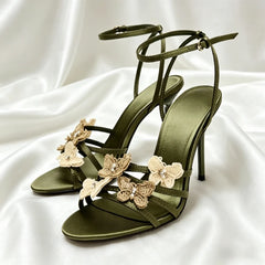 Cyflymder Novely Butterfly Pattern Detail Heeled Sandals Women Sexy Open Toe Ankle Strap Summer Heels Luxury Party Designer Bridal Shoes