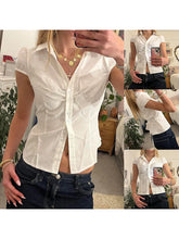 Cyflymder Women s Casual Fit Solid Color Button Down Shirt with Lapel V Neck and Short Sleeves - Perfect for Summer Fashion