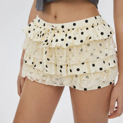 Cyflymder Women's Y2K Lace Ruffle Bloomers Short Polka Dots Drawstring Tiered Layered Micro Shorts Elastic Waist A-Line Cute Skorts