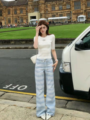 Cyflymder Y2K Gradient Stripe Jeans Medium High Waist Vintage Straight Casual Long Pants Summer Dopamine Korean Design for Women