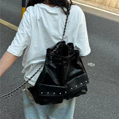 Cyflymder Harajuku Solid Color Chain Backpack Women Drawstring Studded Leather Large Capacity Backpack Ladies Fashion Y2k Mochilas Mujer