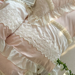 Cyflymder 4Pcs Pink Lace Ruffles Sweet Girl Bedding Set Pure Cotton Queen King Size Duvet Cover Bed Sheet Or Quilted Bedspread Pillowcase