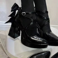 Cyflymder Black Cross Striped Mary Jane Shoes Women,British Style Round Toe High Heels, Thick Soled Coarse Single Shoes