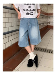 Cyflymder Women's Retro Minimalist Washed Blue Unisex Cropped Cool Girl Baggy Denim Shorts Summer Female Fashion Knee Length Pants