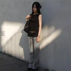 Cyflymder Casual Moda Fashion American Patchwork Drawstring Low Waist Pant Y2k Punk Constrast Color Striped Loose Trousers Lazy Retro Pant