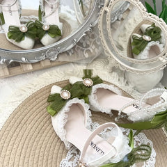 Cyflymder White Green Bridal Shoes Wedding Lolita Shoes for Woman Heel Y2K Accessories Green Heels Bow Pearl Bridal Shoes Elegant