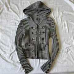 Cyflymder Grey Hooded Ribbed Knit Cardigan, Double Breasted Decor, Slim Cropped, Retro Military Sweater for Women