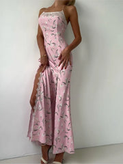 Cyflymder Summer Floral Print Maxi Dress Outfits Sexy Backless Fairy Sun Spaghetti Strap Dress Vacation Beachwear Vestido Coquette