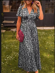 Cyflymder Sweet Style Small Flower Dresses Women High Waist Slim Fit Deep V Neck Pullover Dress Summer Long Gown Daily Casual Female Frock