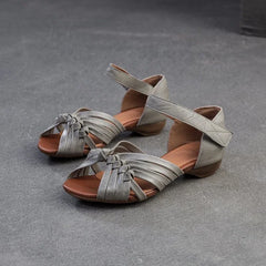 Cyflymder Summer New Peep Toed Sandals women Hollowed Out Hand Woven Flat Sandals Leather Retro Low Heel