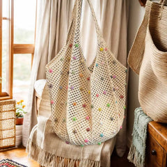 Cyflymder Women Boho Crochet Bag with Colored Beads Aesthetic Knit Bag Large Capacity Knitted Tote Handbag Ladies Daily Handbag