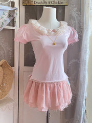 Cyflymder Sweet T-Shirts Women Summer Pink Tshirt Lace Trim Collar Puff Sleeve Bow Decoration Cute Tops Tee Kawaii Clothes