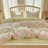 Cyflymder New A-Class Hollow Lace Bedding Set Fitted Sheet Quilt Cover Pillowcase for Spring Summer Korean Skin Friendly Cozy Bedclothes