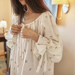 Cyflymder Women Sweet Printed Full Sleeves Nightdress French Sexy Loose Long Mid-Calf Nightgowns 100% Cotton Comfortable Sleepwear Nightie