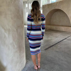 Cyflymder High End Euramerican Turn Down V Neck Long Sleeve Dress Fresh Constrast Color Striped Slim Knitted Mid Length Dress Y2k Clothes
