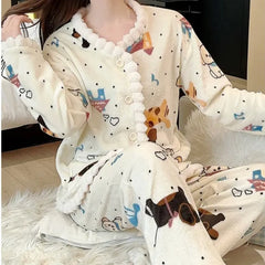 Cyflymder Coral Fleece Pajamas Women Autumn Winter Print Thickened Plush Sleepwear Cardigan Suit Warm Soft Homewear Long Sleeves Pajamas