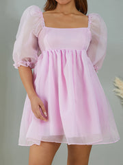 Cyflymder Women Summer Party Puffy Dress Solid Color Square Neck Bubble Sleeve Short Dress for Ladies Pink/Purple/Yellow