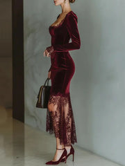 Cyflymder Women's Elegant Velvet Lace Trim Evening Dress Claret Square Collar Bell Sleeve Sexy Sheer Embroidered Hem Bodycon Party Dresses