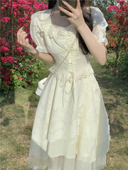 Cyflymder Woman Dress Square Collar Puff Short Sleeve Ruffles Lace Bandage Flowers Spring Summer Sweet Elegant Dresses Princess