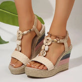 Cyflymder Bohemia Woven Strap Button Bead Decoration Sandals Women 2025 Summer Chunky Platform Wedge Heel Shoes Casual Hemp Sole Sandals