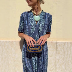 Cyflymder Leisure High Waist Pattern Printed Women's Dress Summer New Loose Party Maxi Dress Elegant V-neck Short Sleeve Commuting Dresses