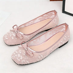 Cyflymder Mesh Embroidery Flower Designer Flat Shoes Women Bow Decoration Square Toe Casual Shoes Spring Party Comfort Single Shoes
