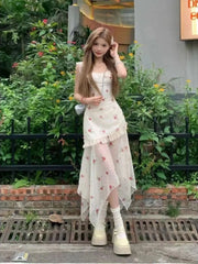 Cyflymder Women Dresses Elegant Irregular Ruffles Floral Printed Sleeveless Square Collar Holiday Sweet Fashion Dress Female