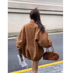 Cyflymder Vintage Brown Bomber Jackets Women Autumn Single Breasted Full Sleeve Female Coats Fashion Streetwear Office Baseball Outerwears