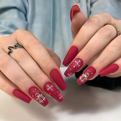 Cyflymder Christmas Press on Nails Red Stripe Deer Snow Pattern Fake Nails for Women Wearable Winter Long Coffin/Almond False Nails