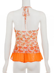 Cyflymder Holiday Floral Mesh Halter Top See Through Slim Deep V-Neck Sleeveless Tank Tops Women Summer Fashion Streetwear