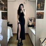 Cyflymder Sexy Sleeveless Strap Dress Women Black Slim Fit Side Slit Irregular Maxi Dress Summer Fall Korean Simple Elastic Dresses