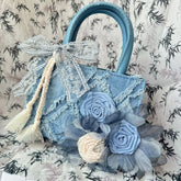 Cyflymder Fairycore Blue Denim Tote Bag Women Chinese Style Lace Chic Y2k Hand Bag Female Harajuku Wallet Crossbody Bags Aesthetic