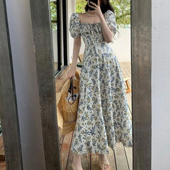 Cyflymder Vintage Broken Flowers Dresses Women's Clothing French Style Puff Sleeve Summer Square Collar Fashion Drawstring Long Dress New