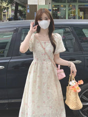 Cyflymder Dresses Women Square Collar French Style Floral Printed Puff Short Sleeve Vintage Elegant Temperament Dress Ladies Casual