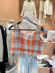 Cyflymder Crop Jackets Autumn Slim Y2k Square Collar Plaid Vest Waistcoat Women Chalecos Para Mujer Woolen Tanks Top Hot Sweet