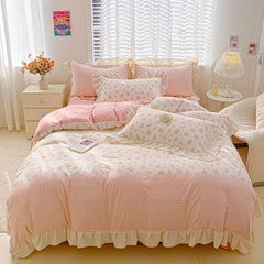 Cyflymder 4pcs Korean lace Duvet Cover Set (1*Duvet Cover + 2*Pillowcase, bed sheet/fitted sheet), Pink checkered print Bedding Set