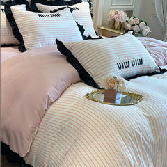 Cyflymder Ruffles Striped Bedding Bed Sheet Duvet Cover Fitted Full Bedspreads Sets AB Double-sided Skin-friendly Summer Bedroom Linens
