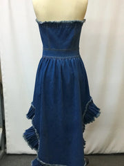 Cyflymder Europe an America Denim Long Women's Dress Vintage Elegant Summer SleevelessHigh Low Ruffled Hem Party Dresses Street Robe