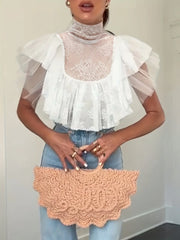 Cyflymder New short top turtleneck lace mesh lace perspective cascade splicing sexy T-shirt