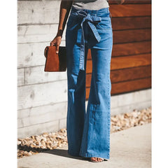 Cyflymder Blue Tie Waist Flare Jeans Women Slim Denim Trousers Vintage Clothes spring High Pants Belted Stretchy Wide Leg