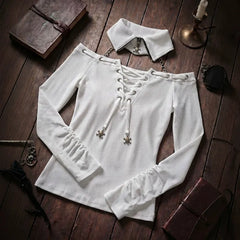 Cyflymder Euramerican Turn Down Off The Shoulder Fake Two Piece Harajuku Y2k Front Cross Lace Up Design Spice Girl Shirt Street Clothes