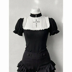 Cyflymder Gothic Vintage Two Piece Suit Women Japanese Lolita Slim Tops High Waist Black Shorts Y2K Girls Party Set chic