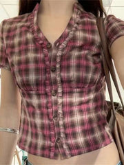 Cyflymder Women’s Plaid Print Shirts Short Sleeve V Neck Fit Frill Trim Tops Summer Blouses