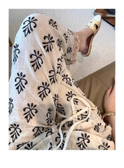 Cyflymder Ethnic Floral Embroidery Wide Leg Pants for Women Casual High Waist Linen Cotton Pant Summer Boho Beach Trousers