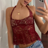 Cyflymder Vintage Transparent Lace Tees Sexy Backless Bandage Halter Crop Tops Women Chic Patchwork Tees Ladies Summer Clubwear