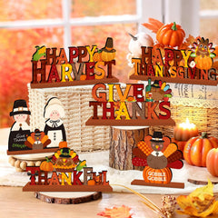 Lanfubeisi 6 Pcs Thanksgiving Wooden Tabletop Signs, Fall Harvest Table Centerpieces Decor with Pilgrims, Turkey, Pumpkin & Festive Quotes for Home, Office, Kitchen Dinner Desk Decoration
