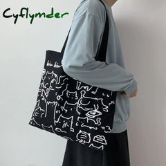 Canvas Bags Handbag For Women Shopper Cute Cat Tote Bag With Zipper Designer Japanese Style Cartoon